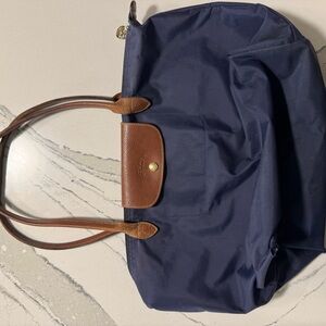 Longchamp Navy Blue Tote Bag with Brown Accents